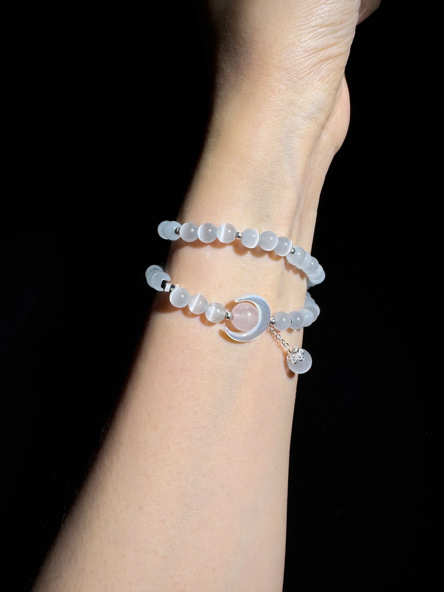 "Lunar Harmony" White Cat's Eye & Shell Crescent Bracelet