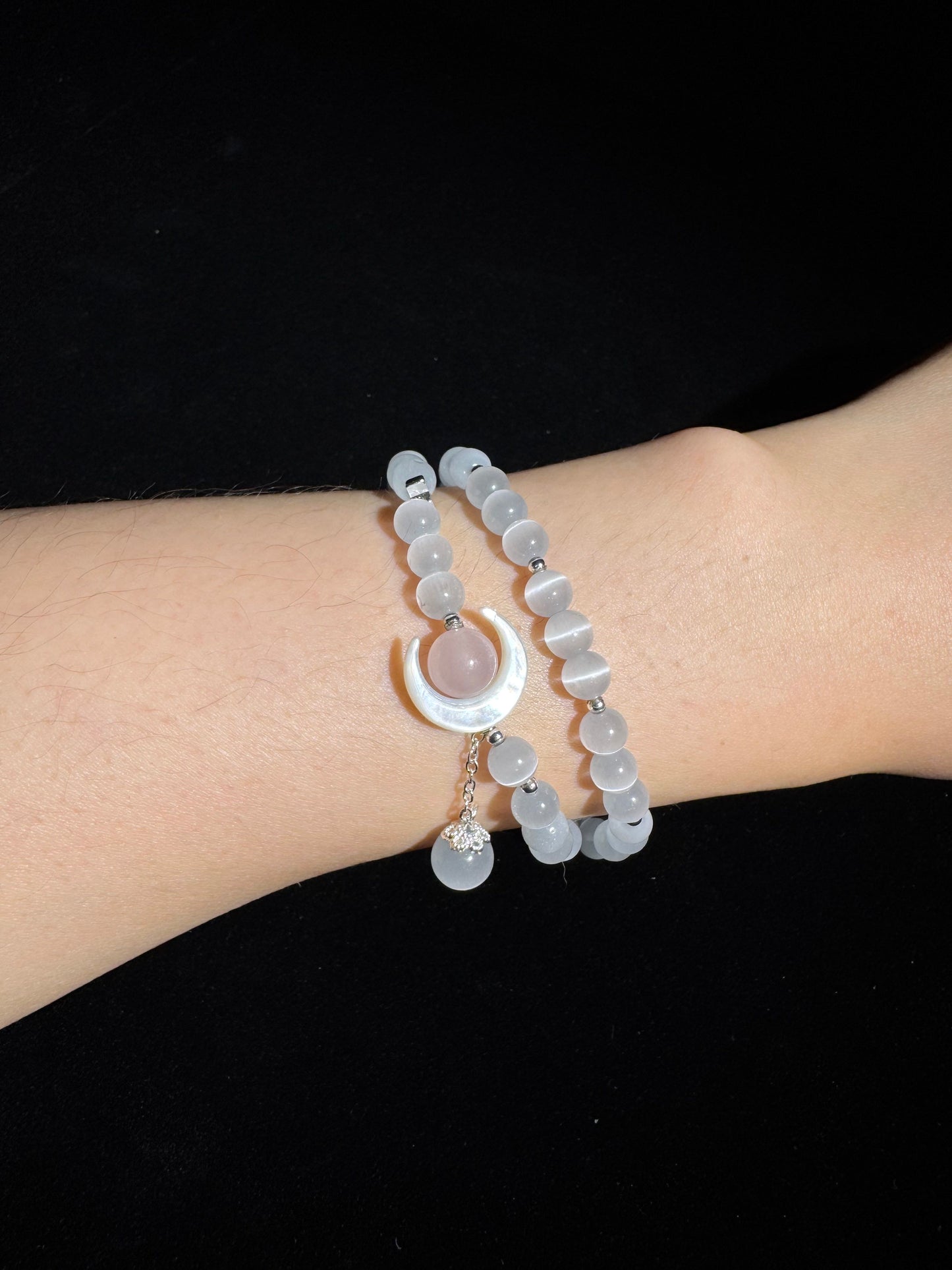"Lunar Harmony" White Cat's Eye & Shell Crescent Bracelet