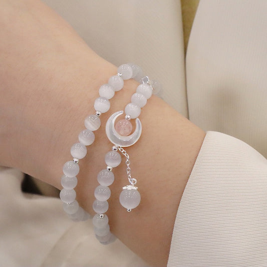 "Lunar Harmony" White Cat's Eye & Shell Crescent Bracelet